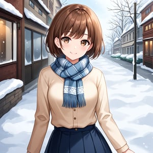 Beautiful and delicate light, (beautiful and delicate eyes), pale skin, big smile, (brown eyes), (brow short hair), dreamy, medium chest , woman 1,  bangs, soft expression,shyness, skirt, winter down parka, scarf, snowy street, score_6