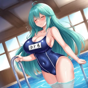 1girl, solo, long hair, breasts, blush, bangs, large breasts, cleavage, hair between eyes, very long hair, closed mouth, collarbone, swimsuit, closed eyes, ahoge, cowboy shot, green hair, water, sweatdrop, one-piece swimsuit, book, aqua hair, covered navel, school swimsuit, blue one-piece swimsuit, name tag, pool, one-piece swimsuit pull