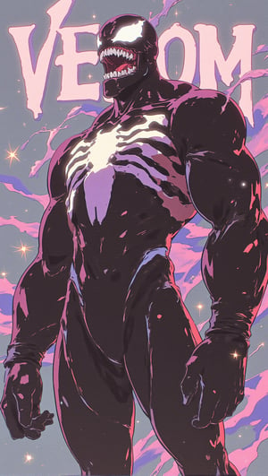 In a retro anime style, Venom stands menacingly against a solid grey background, accentuated with soft pastel colors that add an unexpected contrast. His muscular and fierce physique is highlighted by glossy black skin that reflects subtle pastel tones. His large, white, fang-filled grin and glowing white eyes radiate a sinister intensity. A striking white spider logo is prominently displayed on his chest, contrasting with his dark form. Tendrils of the symbiote swirl around him, enhanced by pastel hues, adding to his threatening aura. The word "VENOM" is integrated into the background in a bold, stylized font. Describe how Venom’s powerful presence and dynamic elements create an eye-catching poster that embodies the dark, edgy vibe of retro anime with a sweet pastel twist.