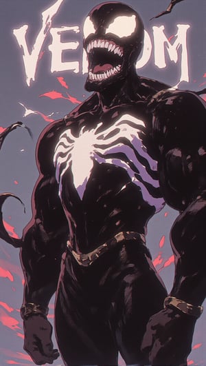 In a retro anime style, Venom looms menacingly in a dramatic pose against a solid grey background that enhances his ominous presence. He is depicted as a muscular and fierce figure, with a sculpted physique that highlights his power and intensity. His glossy black skin reflects subtle highlights, emphasizing the contours of his muscular build. Venom's large, white, fang-filled grin stretches across his face, and his expressive, glowing white eyes radiate a sinister intensity. Prominently displayed on his chest is a striking white spider logo, contrasting sharply with his dark skin. Tendrils of the symbiote trail off his limbs, swirling around him in an organic, fluid motion, adding to his threatening aura. The word "VENOM" is artistically integrated into the background in a bold, stylized font that captures the essence of his character. Describe how Venom’s powerful stance, the dynamic tendrils, and the striking typography come together to create an eye-catching poster that embodies the dark, edgy vibe of retro anime.