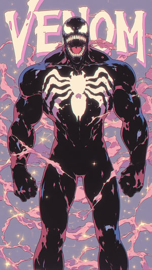 In a retro anime style, a full-body image of Venom stands menacingly against a solid grey background, accentuated with soft pastel colors that add an unexpected contrast. His muscular and fierce physique is highlighted by glossy black skin that reflects subtle pastel tones. Venom's large, white, fang-filled grin and glowing white eyes radiate a sinister intensity. A striking white spider logo is prominently displayed on his chest, contrasting with his dark form. Tendrils of the symbiote swirl around him, enhanced by pastel hues, adding to his threatening aura. The word "VENOM" is integrated into the background in a bold, stylized font. Describe how Venom’s powerful presence and dynamic elements create an eye-catching poster that embodies the dark, edgy vibe of retro anime with a sweet pastel twist.