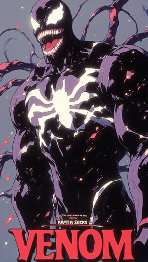 In a retro anime style, Venom stands menacingly against a solid grey background, showcasing his muscular and fierce physique. His glossy black skin reflects subtle highlights, while his large, white, fang-filled grin and glowing white eyes radiate a sinister intensity. A striking white spider logo is prominently displayed on his chest, contrasting with his dark form. Tendrils of the symbiote swirl around him, enhancing his threatening aura. The word "VENOM" is integrated into the background in a bold, stylized font. Describe how Venom’s powerful presence and dynamic elements create an eye-catching poster that embodies the dark, edgy vibe of retro anime.