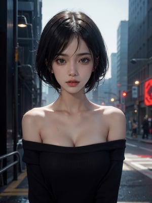 超A high resolution, masutepiece, Best Quality, perfect glossy shiny skins, Perfect Lighting, Detailed Lighting, Dramatic shadows, Ray tracing, 1girl in, Upper body, White sweater, Looking at Viewer, off shoulders, Exposed cleavage, Sharp face, Sharp eyes, Cyberpunk, Long bangs, short cut hair, (blond: 0.5), natural (Big breasts: 0.5), Wet , NSFW