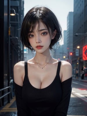 超A high resolution, masutepiece, Best Quality, perfect glossy shiny skins, Perfect Lighting, Detailed Lighting, Dramatic shadows, Ray tracing, 1girl in, Upper body, White sweater, Looking at Viewer, off shoulders, Exposed cleavage, Sharp face, Sharp eyes, Cyberpunk, Long bangs, short cut hair, (blond: 0.5), natural (Big breasts: 0.5), Wet , NSFW