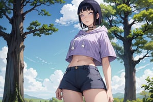  (Masterpiece:1.2),best quality,A woman appears dressed in a skirt and top, with her hair pulled back in a ponytail. She is standing in front of a tree, possibly under a tree with a leafy branch.solo, tied shirt, skirt, skirt, thighs, shirt, tree, belly button, long hair, black hair, waist, outdoors, breasts, tights, black skirt, sky, looking at viewer, day, choker, gray shirt, cloud, mesh thighs, blue sky, twitter username, blunt bangs, white eyes, miniskirt, crop top, crop top, short sleeves, pleated skirt, big breasts, alternative costume, no pupils, purple eyes, zettai ryouiki, denim shot, black choker, stomach1girl ,Hinata_boruto, short hair, purple hair, blunt bangs, large breasts,hyuuga hinata smile short hair bangs black hair long sleeves purple eyes thighs shorts hood blunt bangs short short shorts hoodie hood down brown shorts pink hoodie