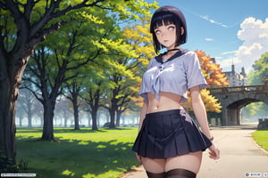 (Masterpiece:1.2),best quality,A woman appears dressed in a skirt and top, with her hair pulled back in a ponytail. She is standing in front of a tree, possibly under a tree with a leafy branch.solo, tied shirt, skirt, skirt, thighs, shirt, tree, belly button, long hair, black hair, waist, outdoors, breasts, tights, black skirt, sky, looking at viewer, day, choker, gray shirt, cloud, mesh thighs, blue sky, twitter username, blunt bangs, white eyes, miniskirt, crop top, crop top, short sleeves, pleated skirt, big breasts, alternative costume, no pupils, purple eyes, zettai ryouiki, denim shot, black choker, stomach1girl ,Hinata_boruto, short hair, purple hair, blunt bangs, large breasts,