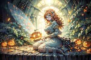 fairy with green eyes, with round glasses and curly orange hair, with a short body-length dress, a little sexy but without being vulgar, like that of a fairy and orange in color, with transparent wings like those of an insect sitting with a background forest, long hair, curly hair,
perfect legs, orange dress,nodf_lora,Rayearth,Jack o 'Lantern,DonMD34thM4g1c,holymagic