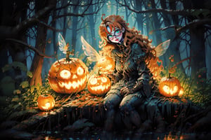 fairy with green eyes, with round glasses and curly orange hair, with a short body-length dress, a little sexy but without being vulgar, like that of a fairy and orange in color, with transparent wings like those of an insect sitting with a background forest
perfect legs, orange dress,nodf_lora,Rayearth,Jack o 'Lantern