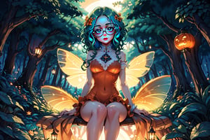 fairy with green eyes, with round glasses and curly orange hair, with a short body-length dress, a little sexy but without being vulgar, like that of a fairy and orange in color, with transparent wings like those of an insect sitting with a background forest, long hair, curly hair,
perfect legs, orange dress,nodf_lora,Rayearth,Jack o 'Lantern,DonMD34thM4g1c,holymagic,fantasy,magical energy,Magic Forest, MagicKnight