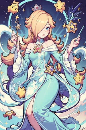 Princess Rosalina, a magic aura around her, magic wand, at space