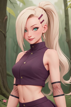 (masterpiece, best quality:1.2), solo, 1girl, yamanaka ino, smile, looking at viewer, hair over one eye, ponytail, hairclip, crop top, skirt, fishnets, earrings, midriff, forest ,yamanaka ino