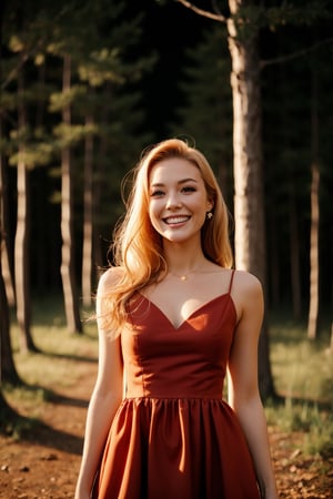 , forest, night, stars, blonde, smiling, red dress, , 26 years old, happiness 
