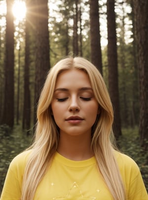 spirituality, beautiful girl, night, stars, forest, yellow t-shirt, blonde, closed eyes, beautiful, 26 years old
