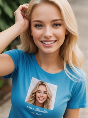 girl, happy, blonde, beautiful face, 26 years old, blue t-shirt 