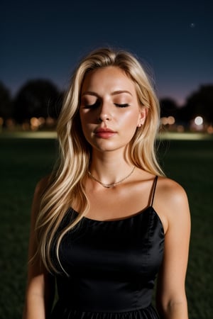woman, 26 years old, blonde, black dress, closed eyes, night, park