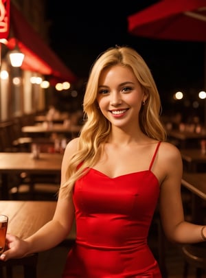 blonde, red dress, girl 26 years old, smiling, romantic, restaurant, night, 