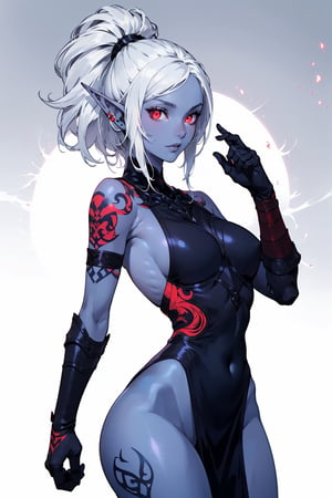 Dark Elf, gray skin , pointed ears, armor, silver hair, Glowing red eyes, curvy body,Dark tattoo ,White background,gray skin,drow