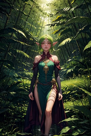 ((Plant armor)),Nature Elf, adorned with luxuriant Green Hair, a vibrant reflection of the enchanting Magic Plants that flourish in the Heavenly Forest. Captivating Yellow Eyes mirror the wisdom and radiance of celestial flora, while Ivory Skin carries the purity of divine realms. The elf's Curvy Body embodies the organic elegance found in this ethereal forest, where each step reverberates with the magical pulse of nature. Envision this Nature Elf seamlessly integrating with the enchanted Magic Plants, her presence enhancing their otherworldly glow. The background, a resplendent Heavenly Forest bathed in soft, celestial light, captures the ethereal beauty of a realm where nature and magic intertwine seamlessly. This Nature Elf thrives in the embrace of the heavenly groves, where the symphony of celestial breezes, rustling leaves, and the magical hum of plants creates a haven of enchantment and divine beauty.