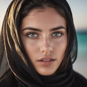 Imagine a woman argentinan covered by a transparent black big veil silk flying in the strong wind of tulum, natural grey eyes.

With a Canon f 5.6 lens in hyper sharp detail,  before the sunset, large pores, angry, tired eyes, many skin, soft freckles imperfections, pinterest, instagram, scars, reflections in the eyes, wrinkles in the skin, glossy lips,