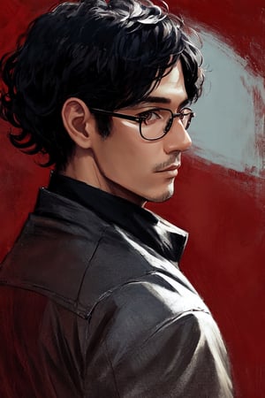 1man, solo, indonesian, red theme, looking at viewer, portrait, from side, black square glasses, curly short black hair, ((mature man)),realistic