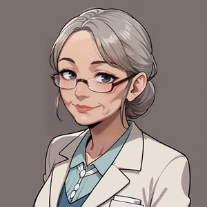 Solo_female, dark eyes, old woman, glasses, professor, simple background, portrait, looking at viewer, standing