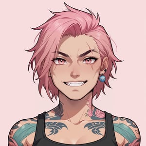 Solo_female, pink eyes, tattoos, fisher, grin, simple background, portrait, looking at viewer, standing