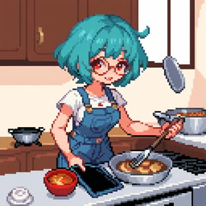 Solo_female, woman, short hair, teal hair, round glasses, red eyes, short overalls, cooking, sprite, pixel style