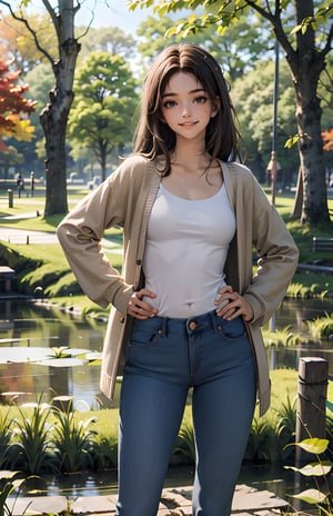 , long brown hair, brown eyes, slender, wearing casual clothing,long cardigan, jeans, looking at viewer, serious, smiling, standing, hands on hips, outside, park, trees, grass, pond, autumn, overcast, extreme detail, masterpiece, 