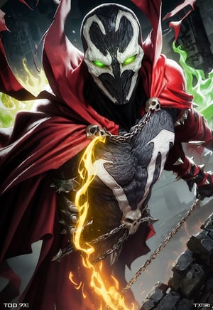 closeup, focus on eyes, spawn2023, long red collar, red cowl, red cape, chains, skulls, glowing green eyes, textured suit, red gauntlets, spikes, dramatic lighting, hyper realistic, raw image, 8k, muscular, uhd, best quality, award winning photo, rtx on, unreal engine 5, gothic city, absurdres, long cape, large red boot, large gauntlet, flowing cape, asymmetrical red Armor, comic book, Todd McFarlane art, mask, night, dramatic lighting, epic red cape,spawn2023