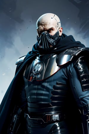 (best quality, masterpiece, beautiful and aesthetic:1.2, colorful, dynamic angle) 1boy, darth malgus, angry, yellow eyes, respirator mask, carbon fibre armor, cape, upper body, (high contrast, official art, extreme detailed, highest detailed) ,darth malgus