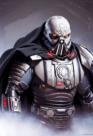 (best quality, masterpiece, beautiful and aesthetic:1.2, colorful, dynamic angle) 1boy, darth malgus, angry, yellow eyes, respirator mask, carbon fibre armor, cape, upper body, (high contrast, official art, extreme detailed, highest detailed) ,darth malgus