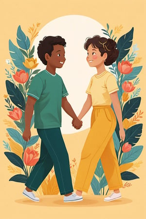 Generate images that reflect the importance of mental health. Depict elements such as happiness, calmness, and social support. two people supporting each other, they hold hands, followed by many supportive people behind them.