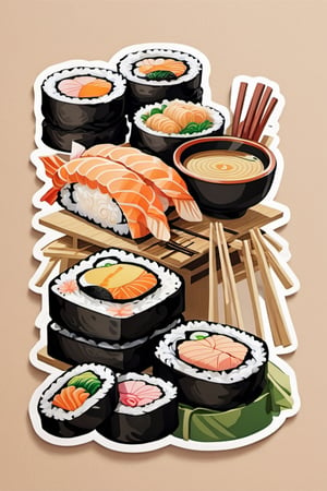 Draw unique stickers with a Japanese food theme that includes elements like sushi, ramen, tempura, and other typical elements. Be sure to highlight the bright and contrasting colors often seen in the cuisine. Give your own artistic touch to make these stickers interesting and appetizing. Focus on small details like the decorations on the sushi or the texture on the ramen to give it an authentic feel.