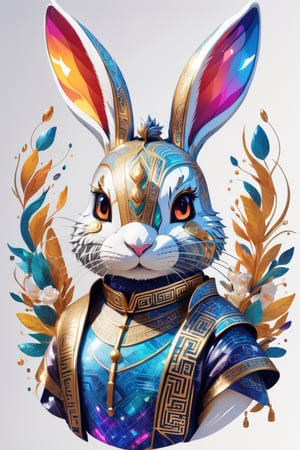 Produce a mascot in the form of a mythical rabbit, with a body composed of polished chrome and circuits, decorated with a maze of holographic creativity. Bright background, plain design, Chinese ink drawing, t-shirt design, pro vector,HellAI,aesthetic portrait