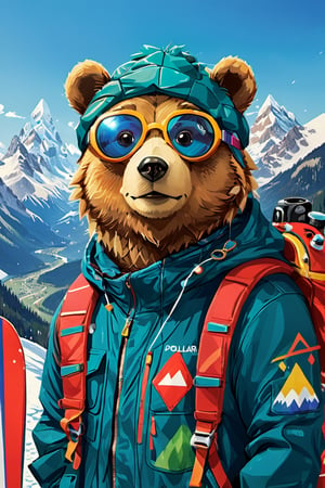 Ilustration,carton pollar bear head, with ski goggles in which mountains are reflected,wearing a mountain jacket, withoud bear eye,Mario Real - SDXL 1.0,more detail XL