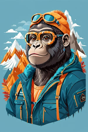 Ilustration,carton gorilla head, with ski goggles in which mountains are reflected,wearing a mountain jacket, withoud gorilla eye