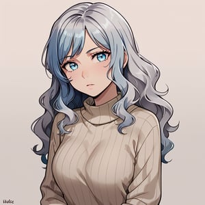 Female, 1girl, silver hair, ((wavy hair)), modern, sweater,  simple background, blue eyes, looking at viewer, pouting