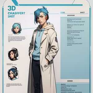 The concept character sheet of a young man, modern style, anime style. Soft face, gentle. White labcoat, headphones. full body,  Full of details, frontal body view, back body view, Highly detailed, Depth, Many parts,((Masterpiece, Highest quality)), 8k, Detailed face (blue hair), friendly expression, relaxed, Infographic drawing. Multiple poses. 3d,SAM YANG,incase