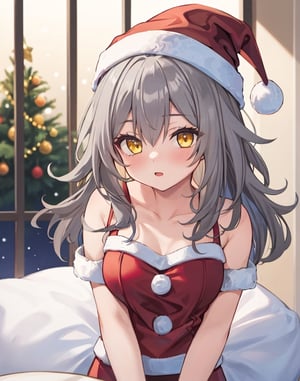 best quality, high resolution, 1girl, yellow eyes. grey hair, steldef, yellow eyes, christmas_hat, (santa_costume), masterpiece, medium_breasts, upper_body