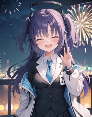 best quality, high resolution, masterpiece, 1girl, upper_body, white dress, new_year, happy_face, closed_eyes, :), happiness, fireworks,yuukadef