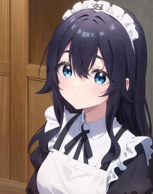 best quality, high resolution, masterpiece, shizukayoshimoto,  long hair, bangs, blue eyes, black hair, hair between eyes, wavy hair, maiddress, maid apron, maid headdress, upper body