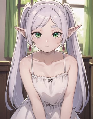 best quality, high resolution, masterpiece, solo, elf, white hair, grey hair, earrings, pointy ears, long hair, ponytail, green eyes, twintails, parted bangs, thick eyebrows,  sleeveless dress, white dress, bare shoulders, collarbone,