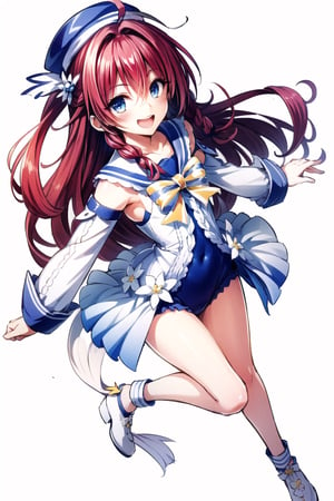 1girl, kurosaki meia, solo, long hair, 😘,one-piece swimsuit,detached sleeves,sailor collar,sailor hat,blue eyes, braid, very long hair, open mouth, red hair, smile, hair ornament, white background, simple background, ahoge, full body, :d, single braid, looking at viewer