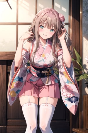 masterpiece,best quality,highres,ultra-detailed,cowboy shot,head tilt,bbyume,long hair,blush

 indoor,smile,(Bending over with hands touching toes),(hand in own hair:1.2),BREAK,peony hair, frills, japanese clothes, hair flower,wide sleeves, kimono, white thighhighs, zettai ryouiki, floral print, skirt,detached sleeves,