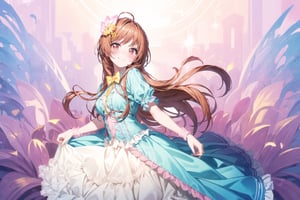 (masterpiece), (solo: 1.2), smile, Sweet Lolita fashion, kawaii elements, lace and bow embellishments, pastel color palette (pink, blue, pale yellow), high-waisted silhouette, knee-length skirt, 'doll dress' style, lace-trimmed petticoat, adorable and innocent, Lolita fashion staple, (long hair: 1.2), hair flower, 1girl, (blush: 1.2), head tilt,