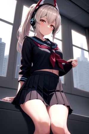 (masterpiece,best quality:1.3),ultra detailed,  8k unity wallpapers,CG,dutch angle, ray tracing,  illustration,colorful, cinematic shadow,  extremely detailed and beautiful background,  shadering VRay, RT,  looking at viewer,  ultra detailed,  scenic,  atmospheric, 

1girl ponytail headgear headphones  serafuku, school uniform, pleated skirt,1girl ponytail headgear headphones