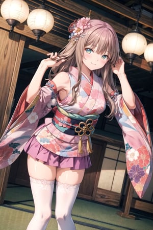 masterpiece,best quality,highres,ultra-detailed,cowboy shot,head tilt,bbyume,long hair,blush

 indoor,smile,(Bending over with hands touching toes),(hand in own hair:1.2),BREAK,peony hair, frills, japanese clothes, hair flower,wide sleeves, kimono, white thighhighs, zettai ryouiki, floral print, skirt,detached sleeves,