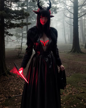 A dark demonic figure with red eyes emerges from a misty fog-shrouded forest at dusk. The camera frames it in a tight shot, with the creature's twisted horns and pointed ears filling the frame. Red-rimmed eyes glow like embers as it gazes directly into the lens. Dark, gnarled branches weave together above, casting long shadows on the misty ground.