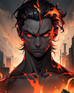 A haunting image of a dark demon with fiery red eyes emerges. Framed against a dark, ominous background, the demon's imposing figure dominates the scene. Its skin is a deep, coal-black hue, and its eyes blaze like embers from a furnace. The lighting is dim, with only faint hints of crimson illuminating the demon's features. In the foreground, a subtle hint of shadowy darkness implies the presence of an unseen force lurking just beyond the frame.