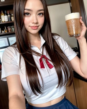 A sultry high school girl, her brown eyes piercing the camera as she gazes directly at the viewer. Her ombre lips curve into a sly smile, inviting scrutiny. Soft makeup accentuates her features without overpowering her natural beauty. She wears a tight school uniform, its fabric clinging to her curves as she teases with a subtle pose. A detailed bar in the background adds depth, while morning sunshine casts dynamic lighting that highlights her tantalizing presence.